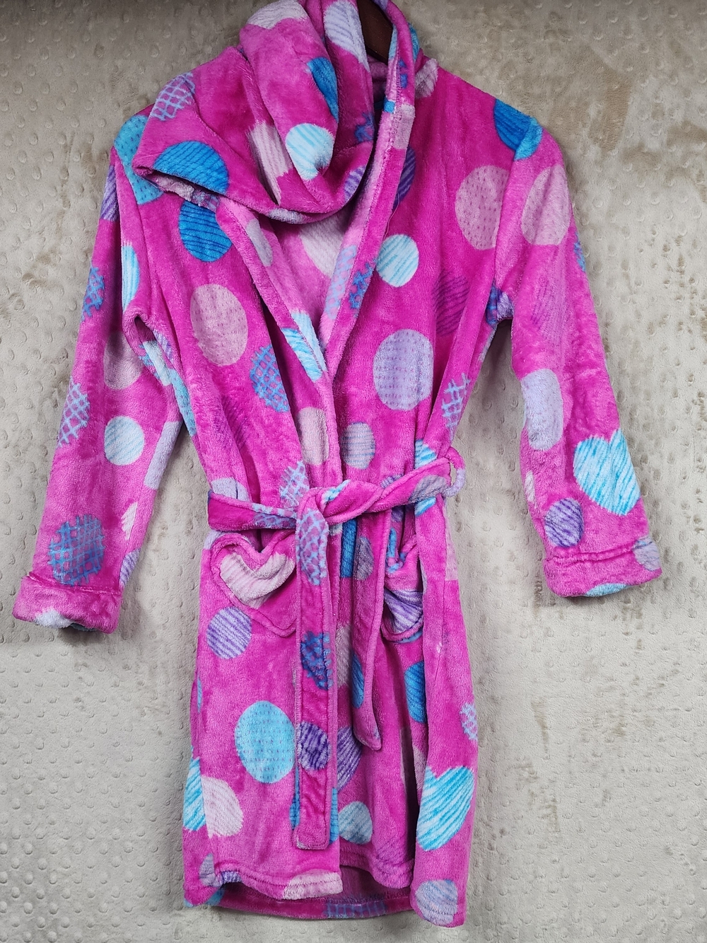 Girls Plush Pink Blue Polka Dot Hooded Bathrobe with Tie Heart Pockets M 10/12